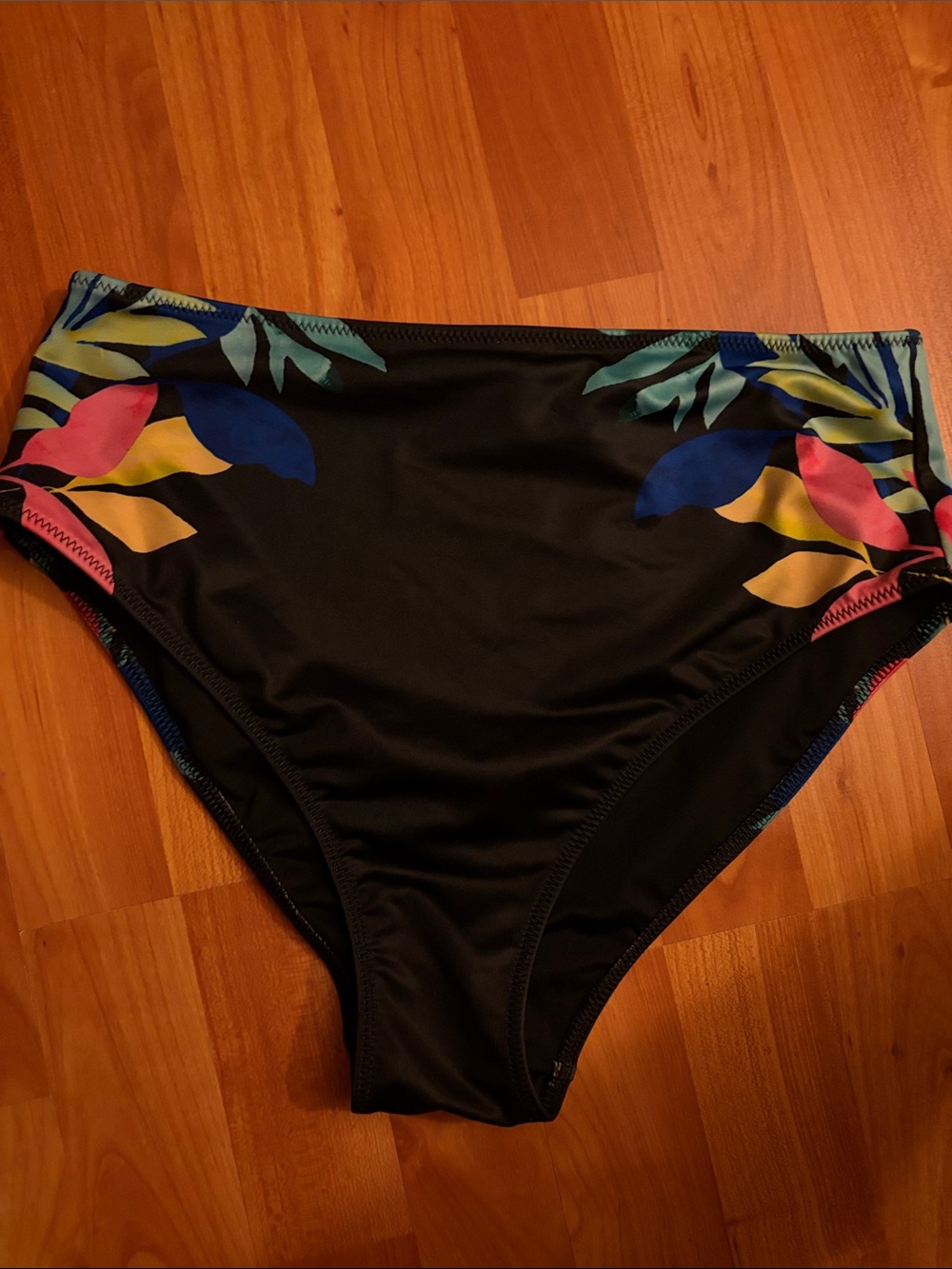 PINK ACTIVE Women’s Black High-Waist Swim Bottom with Tropical Accent SIZE XL